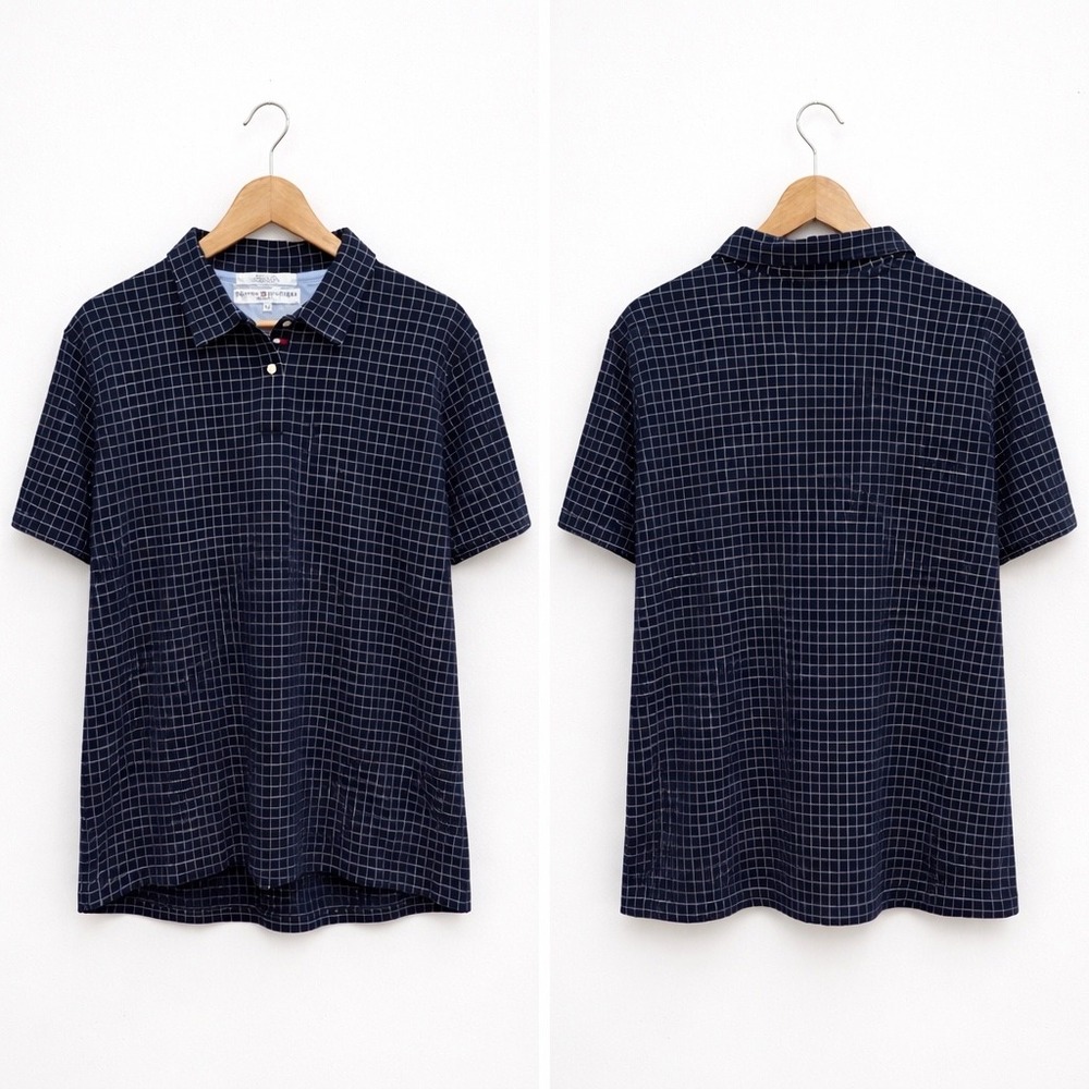 Tommy Hilfiger Golf Shirt Mens XL Navy Blue White Grid Check Cotton Polo XL/XG